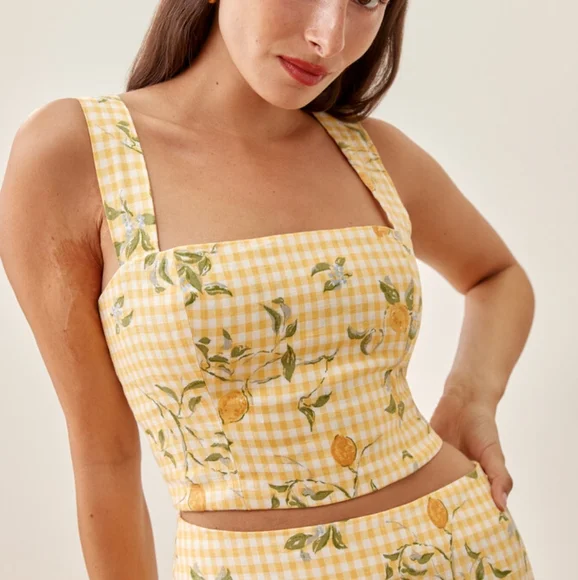 Reformation Linen Lemon Check Print Top - Picture 2 of 6